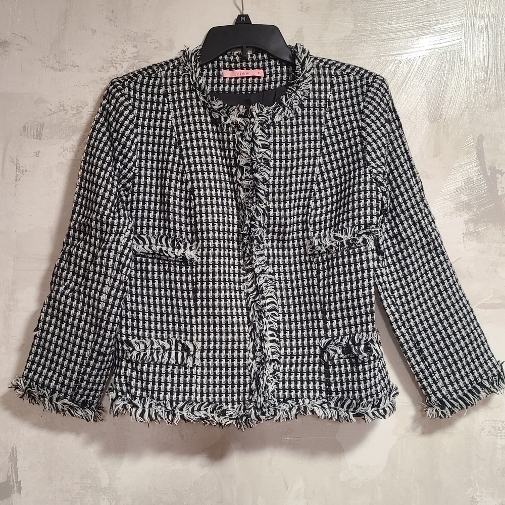 View Black & White Fringe Twill Cropped Blazer